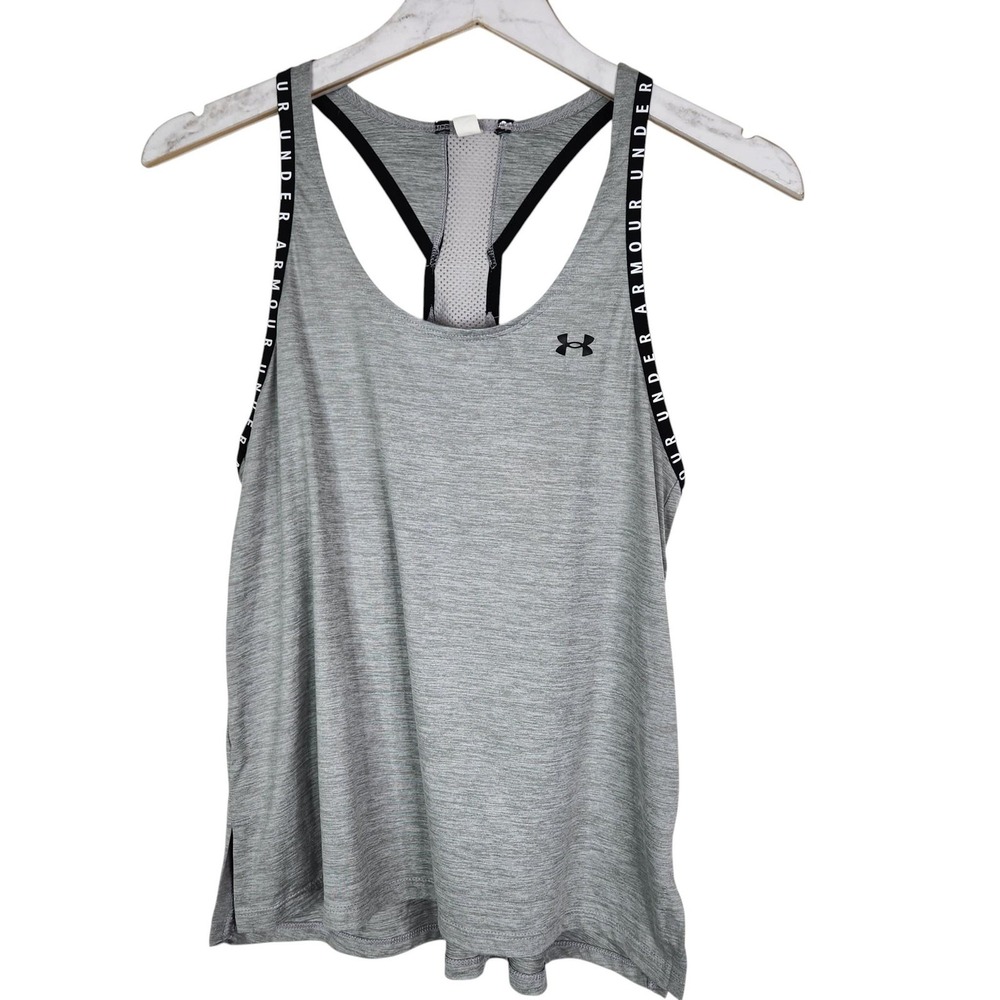 UNDER ARMOUR HeatGear Tank Top Womens Small Gray Logo Strap Racerback Athletic